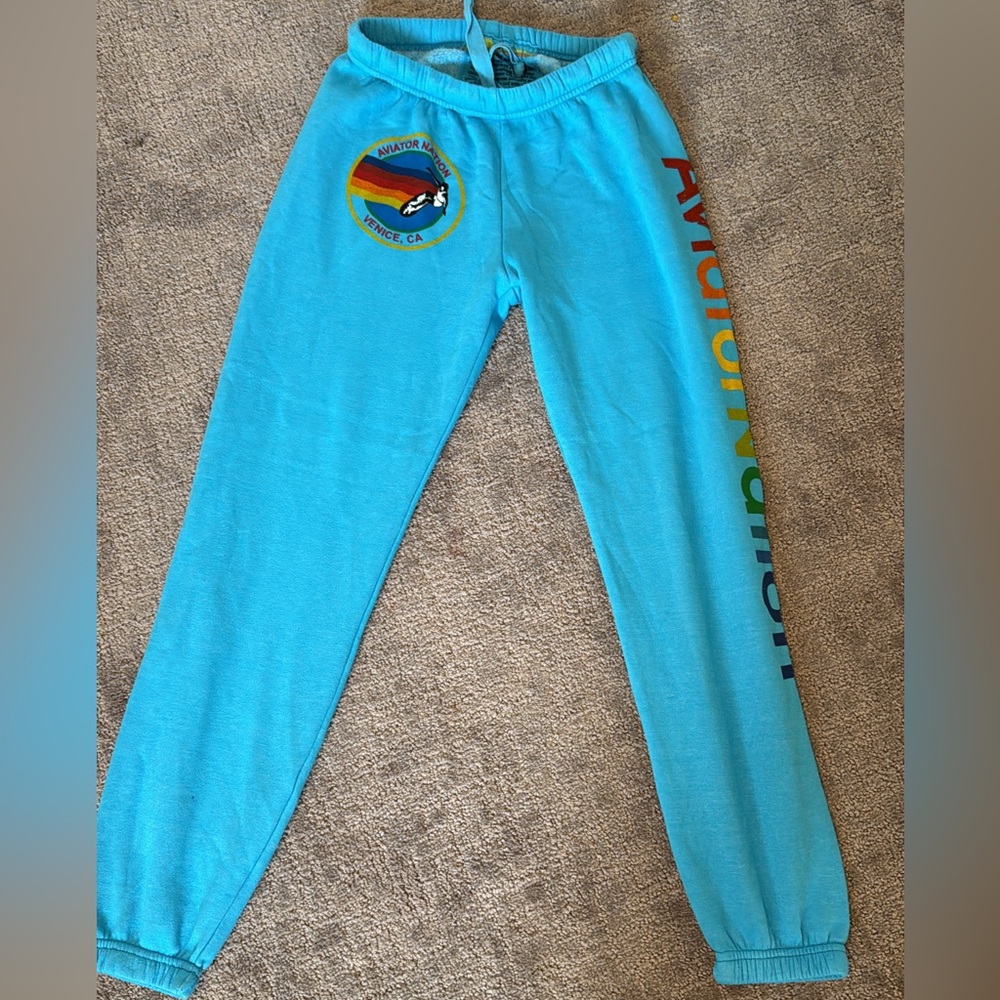 Aviator Nation Blue Sweatshirt with Rainbow Graphic